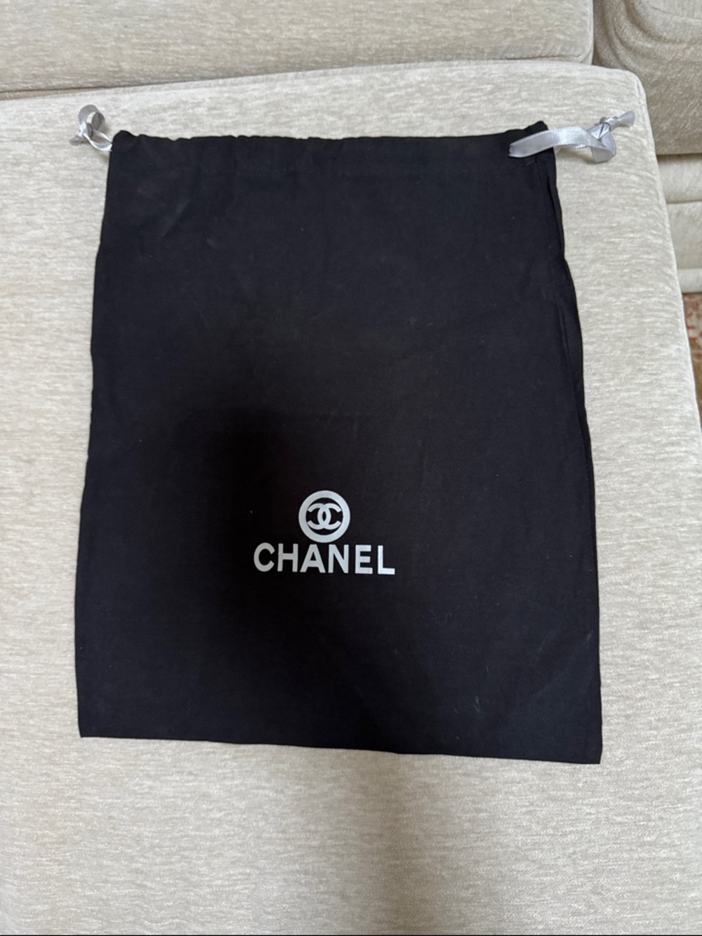 CHANEL Black Drawstring Logo Dust bag with Silver Ribbon